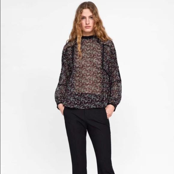 Zara Floral Print Peasant Blouse Balloon Sleeves black Large @A7 - Picture 3 of 9